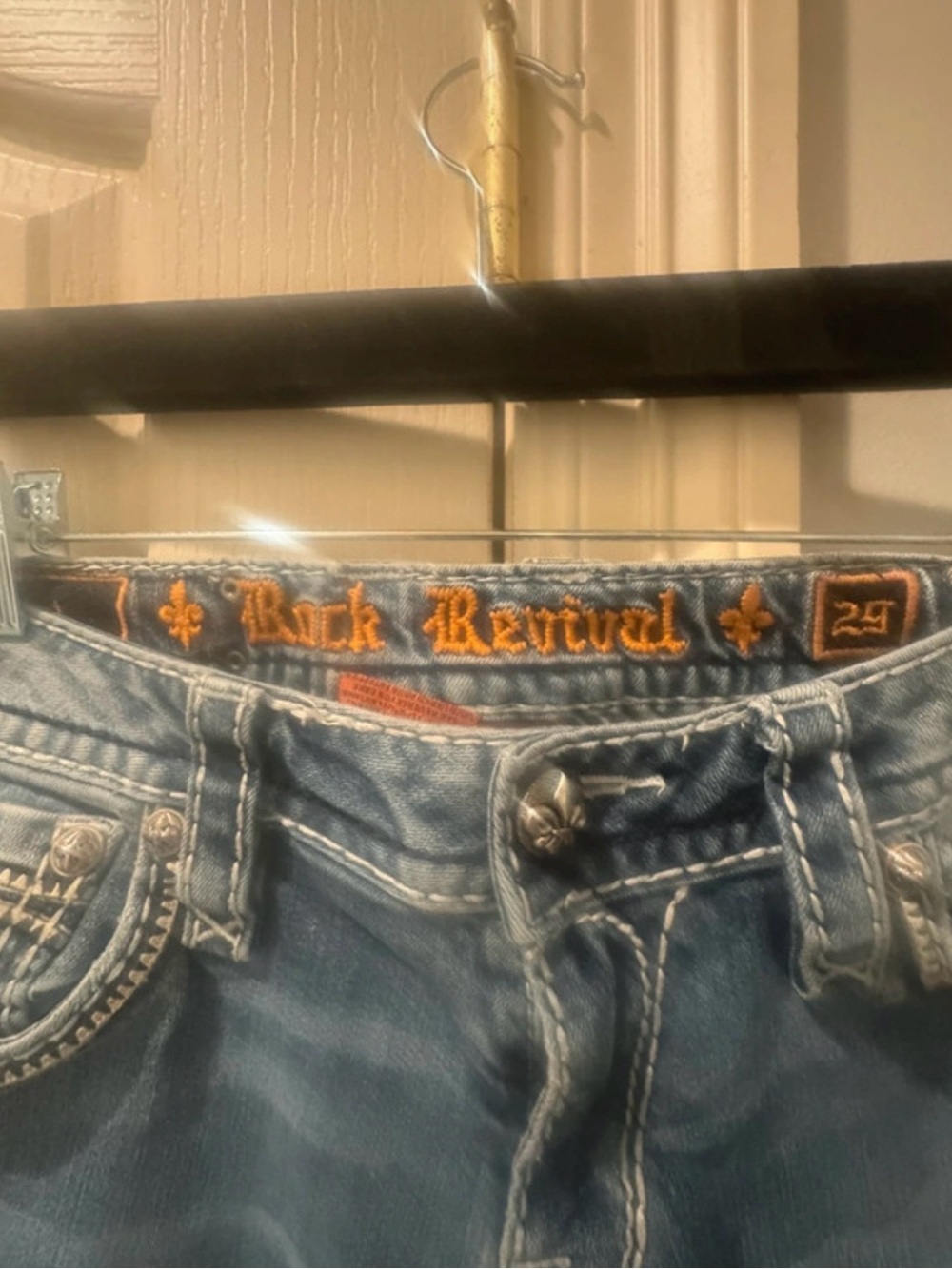 Rock Revival Women's Blue Denim Slim Jeans with Orange Logo Trim
